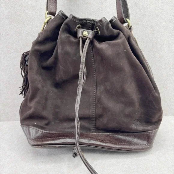 Patricia Nash Bag Womens Medium Dark Brown Suede Bucket Drawstring Fringe - Picture 1 of 16